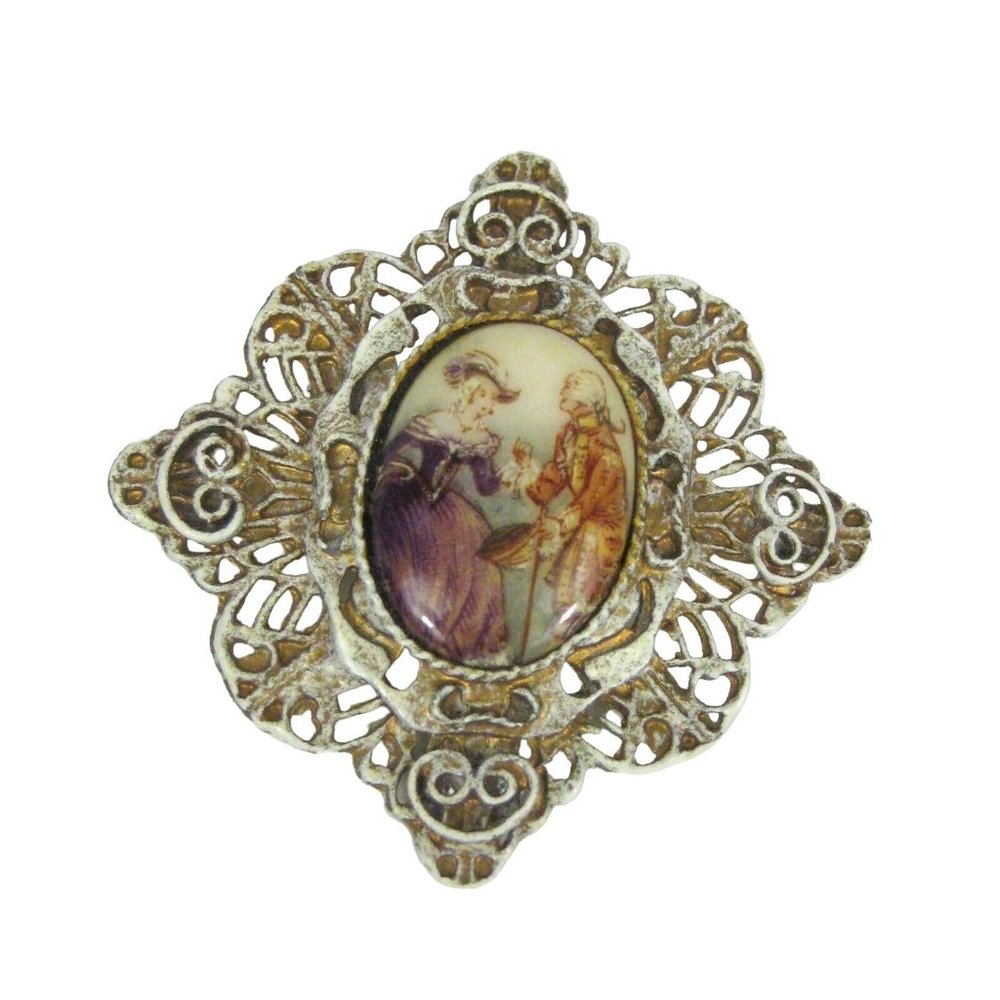 Figural Brooch Cameo 2.1 in Metal Pin Estate VTG 80s Filigree Victorian Style
